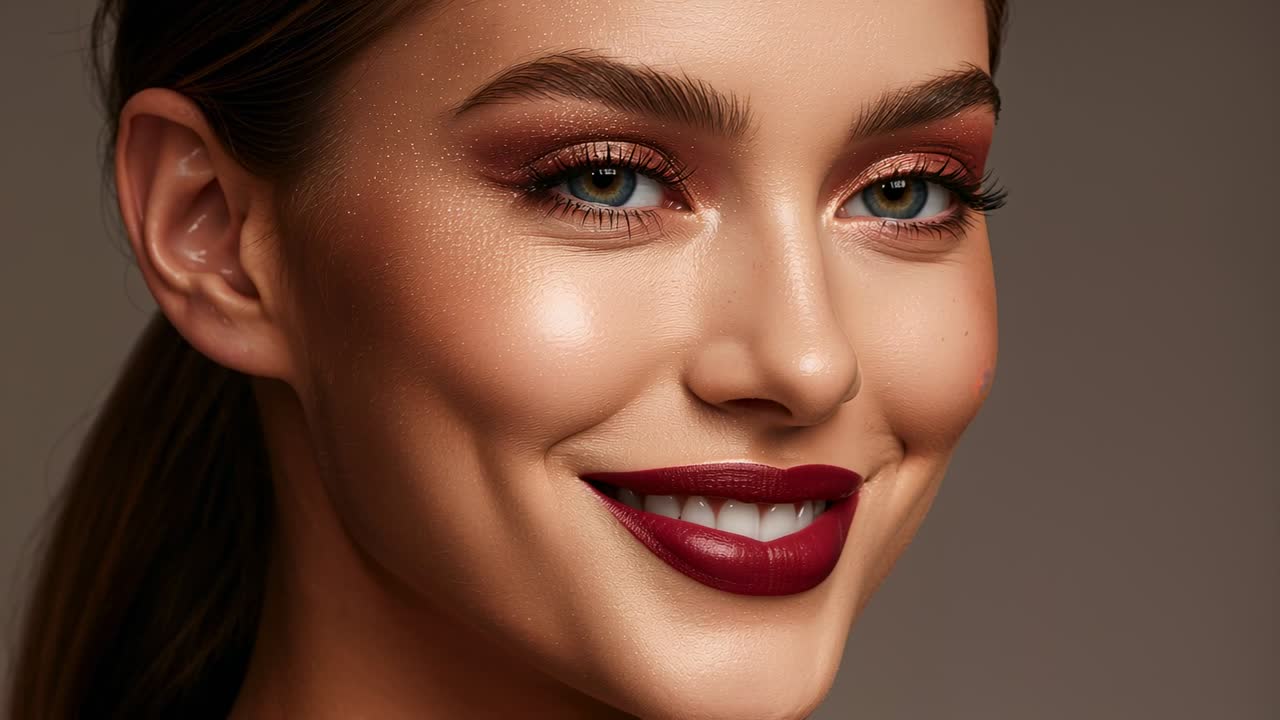 Smiling model shifting from neutral to smile on cue in studio with burgundy lips, copper shadow