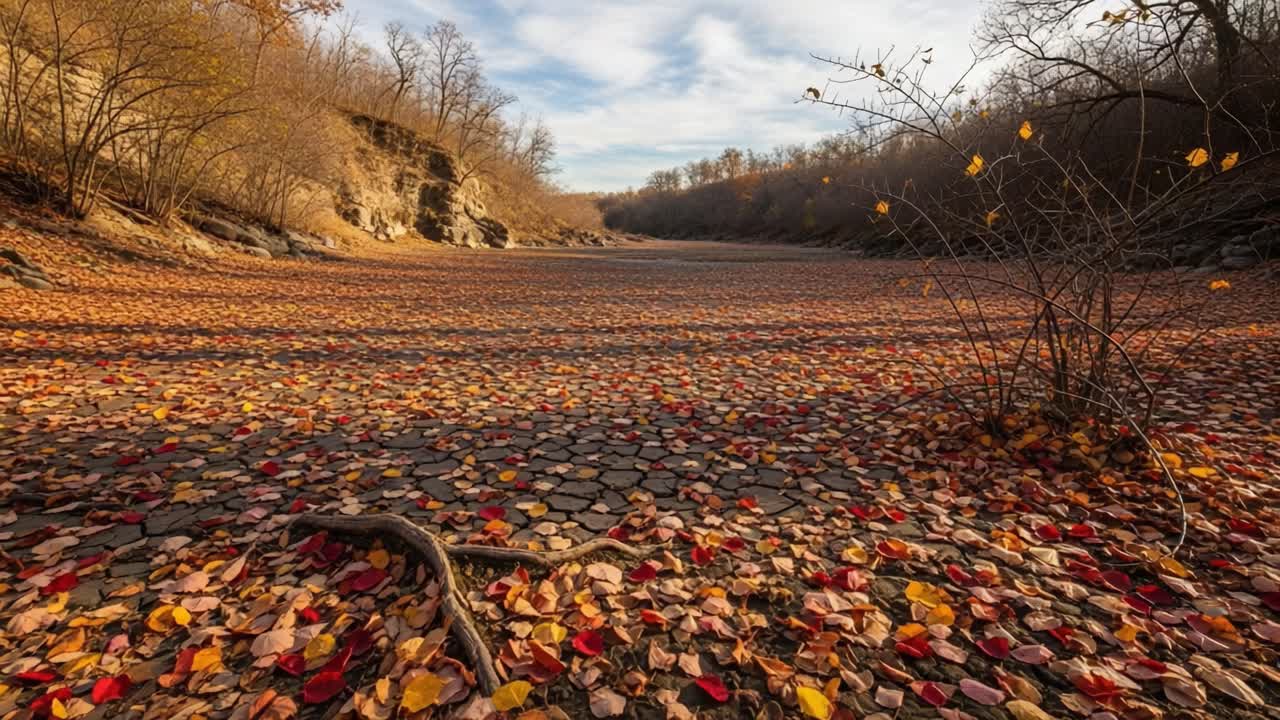 A Stunning Autumn Landscape Captured in Two Frames: Vibrant Leaves Covering a Parched Riverbed, Surrounded by Trees and Striking Natural Features Under a Colorful Sky