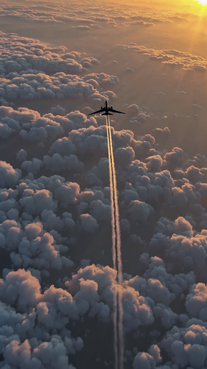 Aerial video view of a plane flying above fluffy clouds at sunset, capturing a serene and expansive
