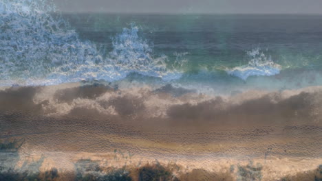 animation of waves crashing on sandy beach with layered artistic texture effect