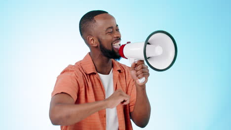 Megaphone,-shout-and-black-man-in-studio