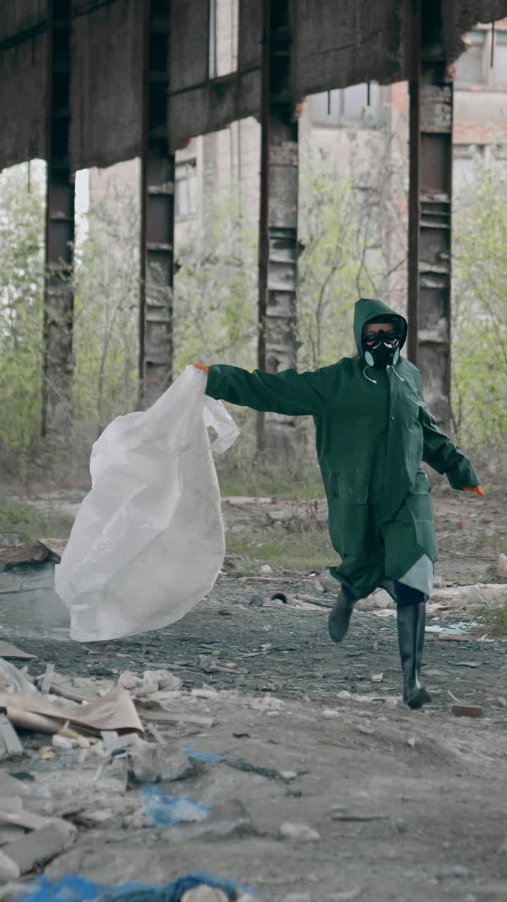 Survivor running in abandoned place. Human in protective suit and gas mask with cloth runs madly in ruined building on garbage background. Vertical video