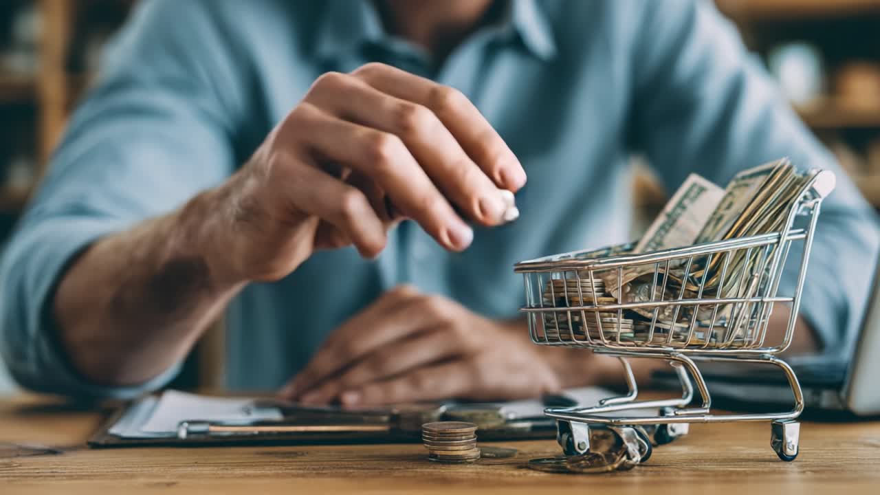 A close-up look at a person managing finances with coins and cash in a miniature shopping cart, highlighting the importance of budgeting and saving in everyday life