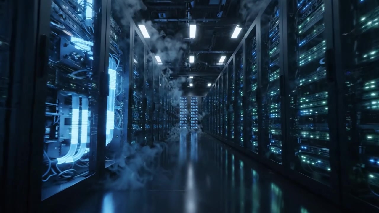 Exploring the Depths of a Modern Data Center: A Journey Through Rows of High-Tech Servers and Illuminated Networking Equipment