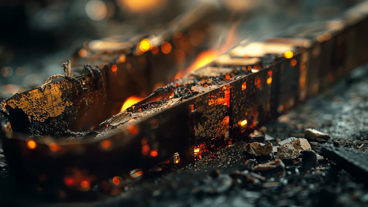 Glowing embers intensifying heat in charred metal letters on ash covered ground, flickering flame