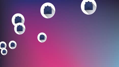 animation of network of connections with email icons over gradient pink to blue background