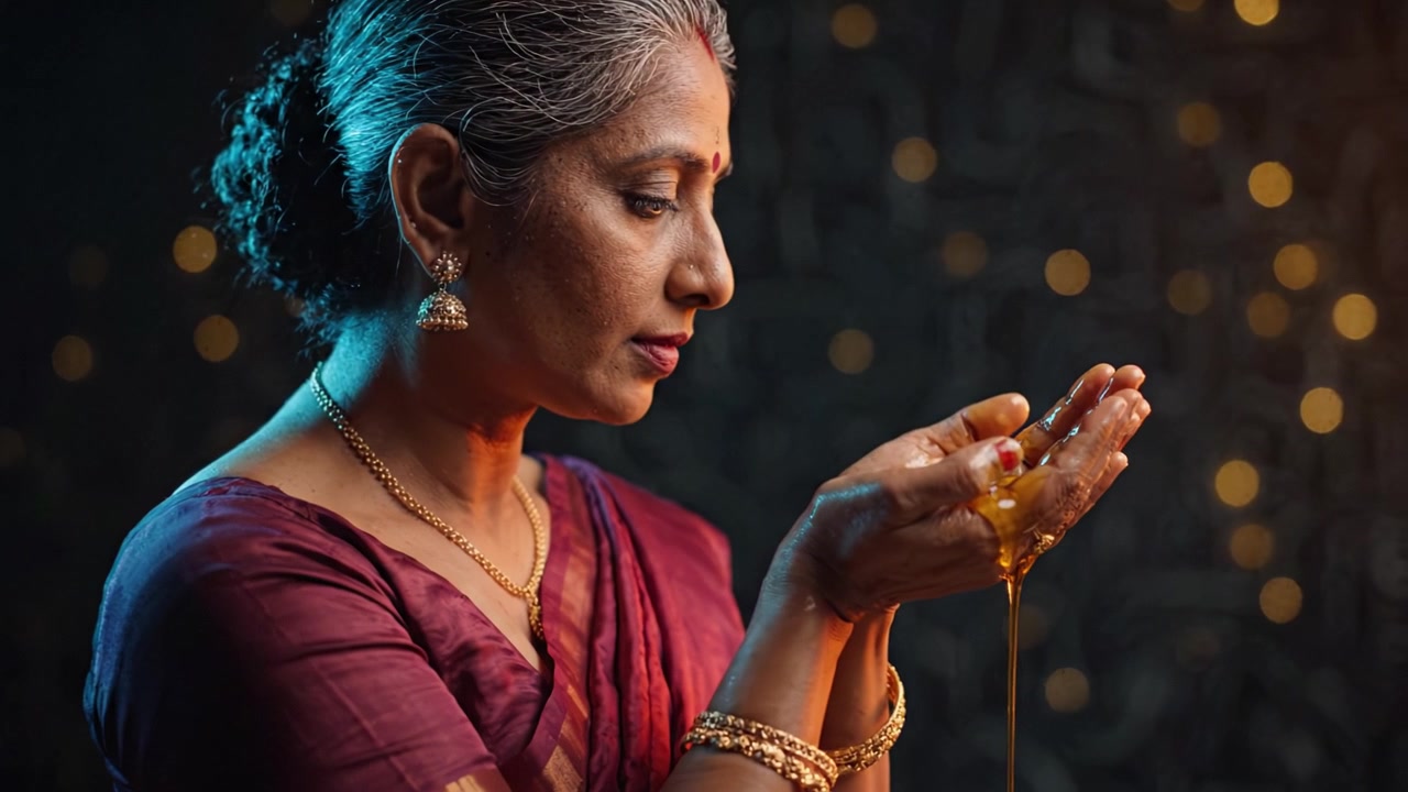 Una donna tiene con grazia del liquido tra le mani, mostrando bellezza e tradizione, illuminata da luci soffuse, evocando eleganza e arte culturale in un momento senza tempo
