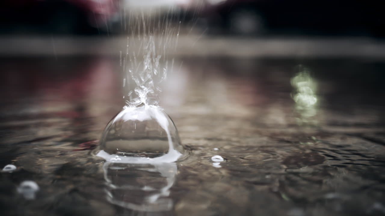 Primo piano di una goccia d'acqua che crea un'increspatura circolare su una superficie bagnata all'aperto