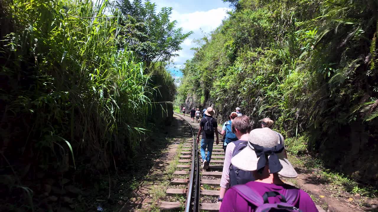 A group of tourists walks along lush railway tracks in Ella, Sri Lanka, surrounded by verdant foliage and clear skies. This adventurous scene captures exploration and nature's beauty.