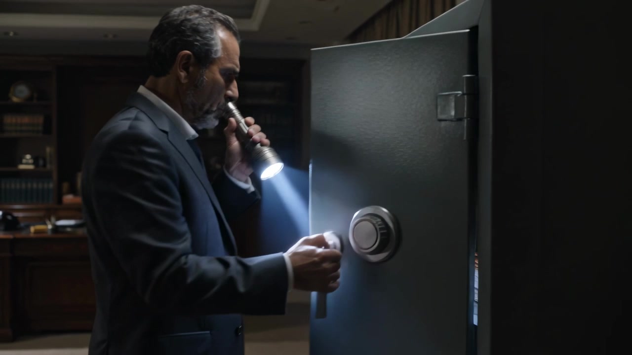 Approaching man in dark suit turning safe dial at office, shining flashlight and opening floor safe