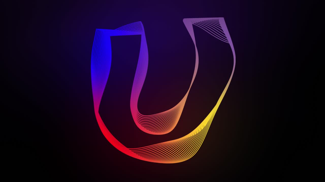 3d letra u líneas giratorias animación en fondo de gradiente oscuro abstracto gráfico de movimiento dinámico tipografía de brillo de partículas efecto visual arco iris alfabeto digital