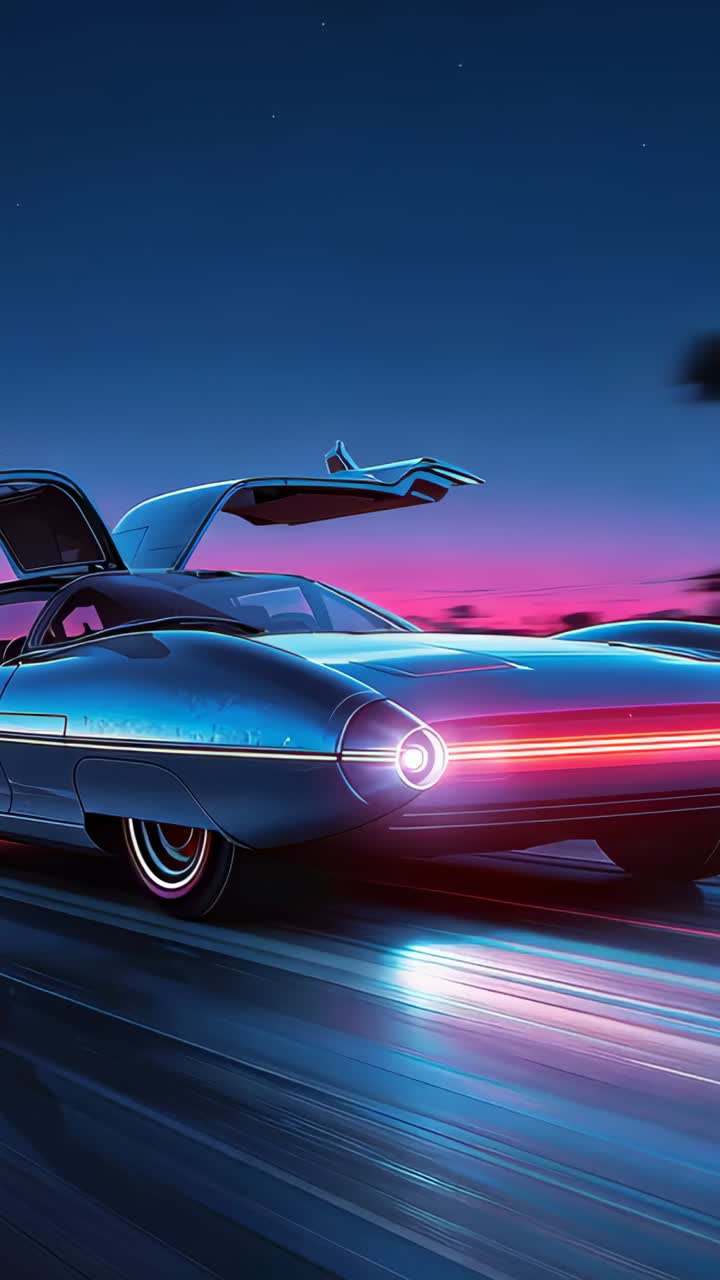 Vertical video: Centering retro car, camera revealing gullwing door, glowing taillight reflections