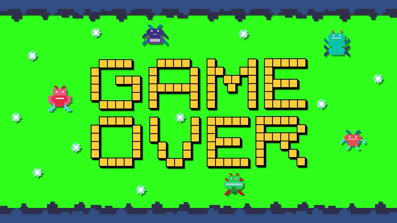 Retro eight-bit pixel art animation reveals Game Over text with floating monsters on green screen