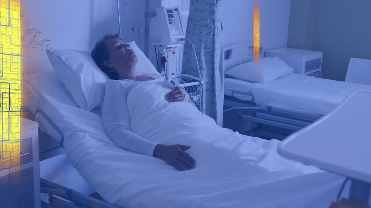 Patient lying in hospital room, receiving oxygen with animated health chart overlay panel