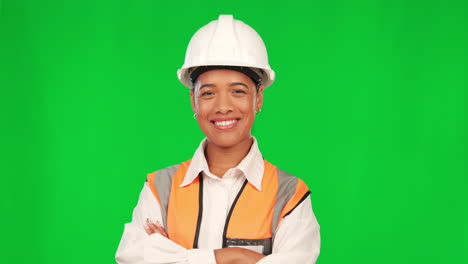 Happy-woman,-construction-worker-and-green-screen