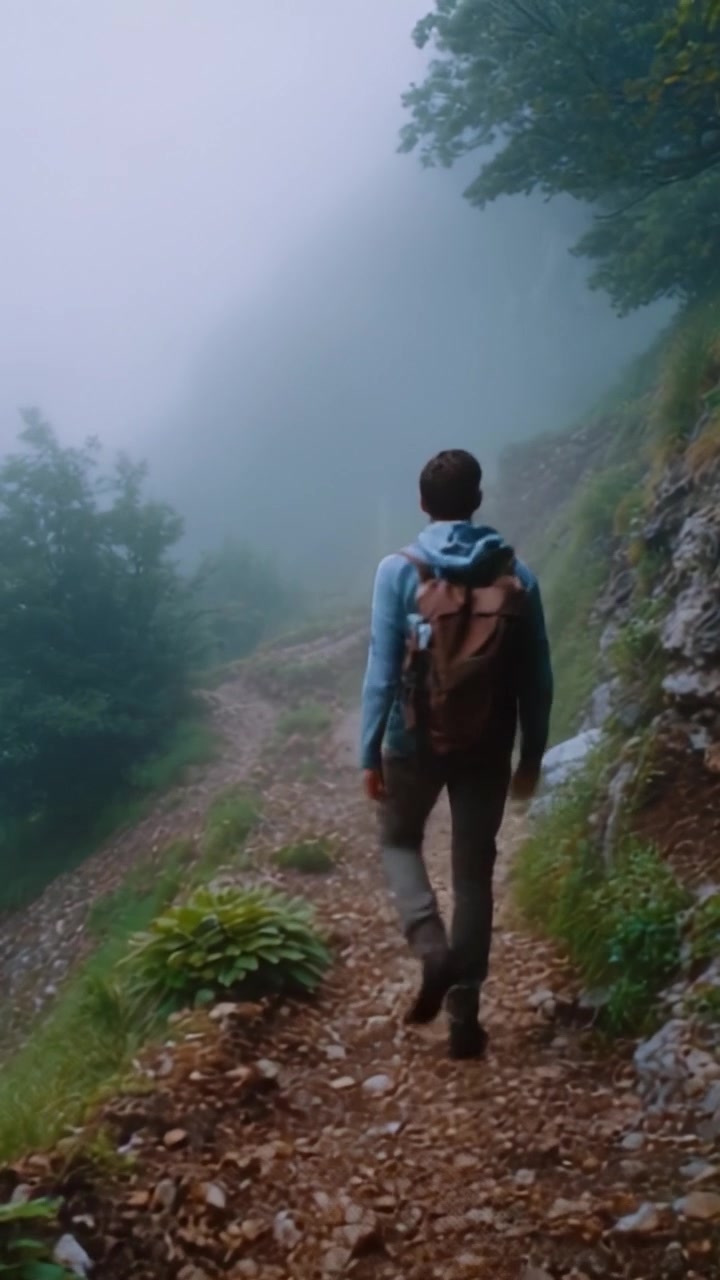 A solitary hiker journeys through a misty forest path, embracing the tranquil beauty of nature while seeking adventure and exploration in the great outdoors.