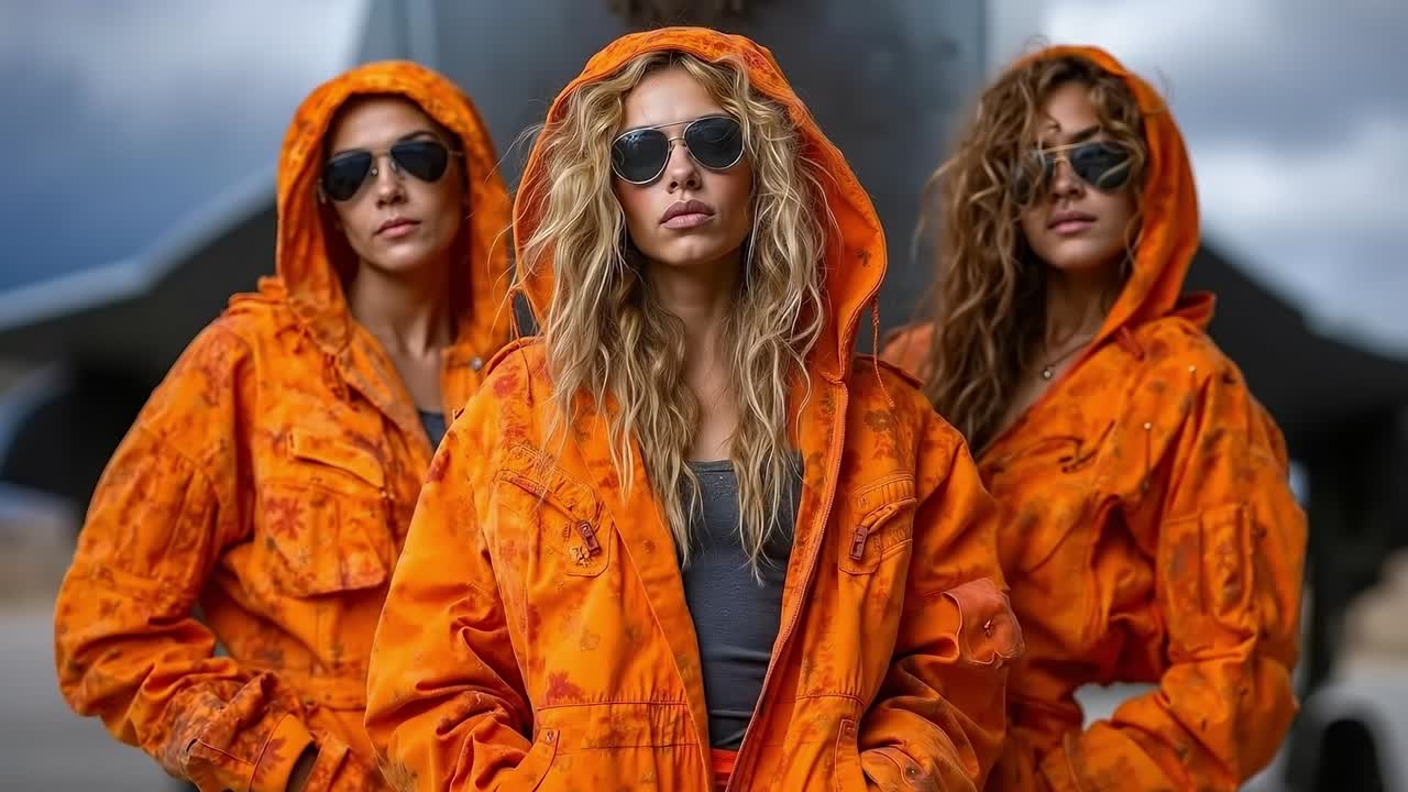 A group of three women in orange jackets and sunglasses