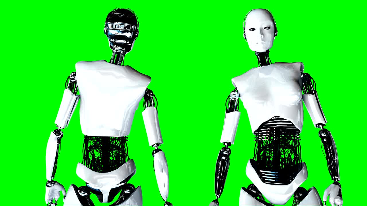 il robot femminile umanoide futuristico è inattivo. movimento e riflessi realistici. filmati su schermo verde 4k.