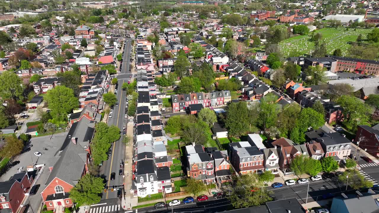 Aerial View of a Residential Town Neighborhood with Houses and Green Trees