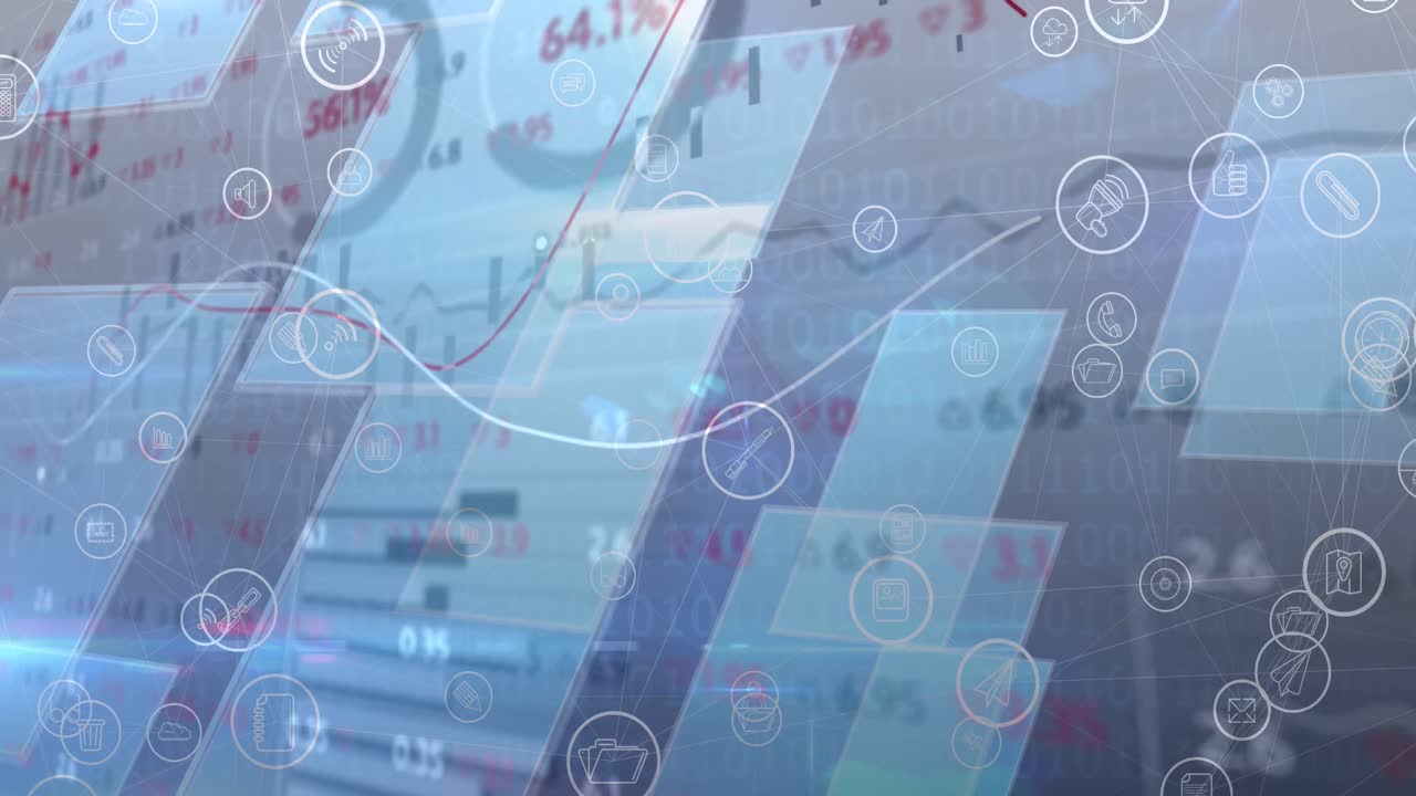 파란색 디지털 화면에서 데이터 처리 및 디지털 아이콘의 애니메이션