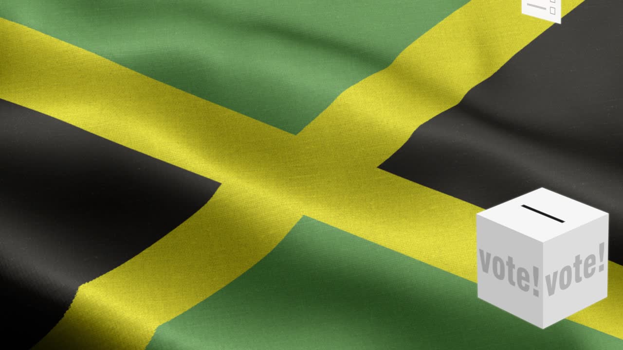 Ballots fly to box for Jamaica selection - Ballot box in front of flag - Election - Vote - Flag Of Jamaica - Jamaica Flag High Detail - National flag Jamaica wave Pattern loopable Elements - Fabric texture and endless loop