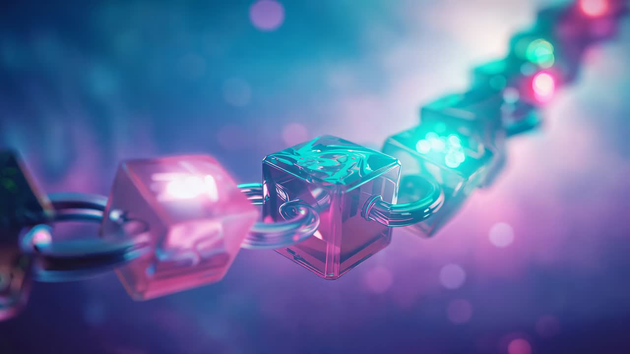 Starting angled view cube chain rotating forward in studio on glossy table showing metallic links