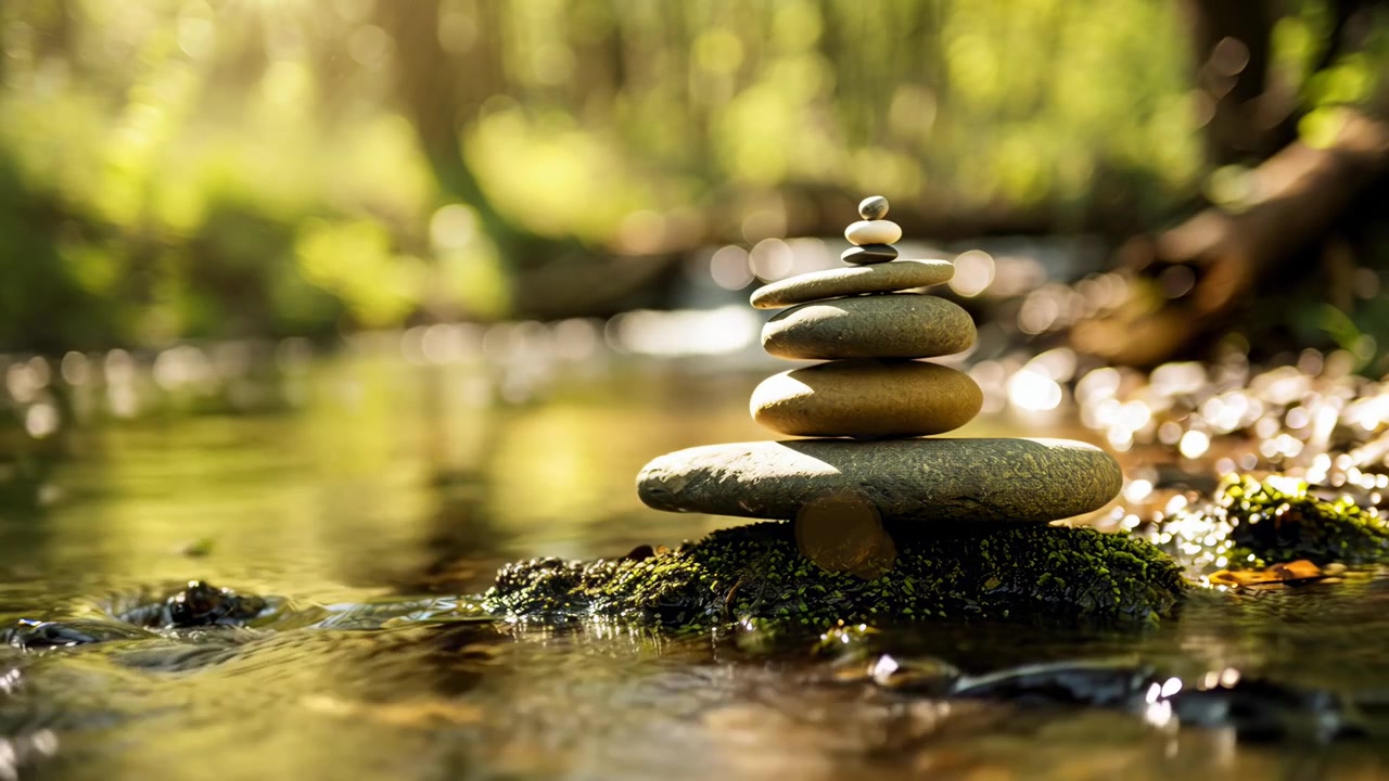 Cairn di pietre sereno in un ruscello soleggiato nel bosco