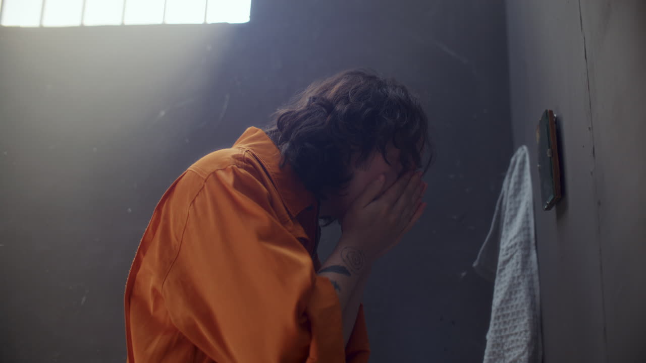 Inmate Rinsing His Face, Using Towel and Mirror in Prison Cell