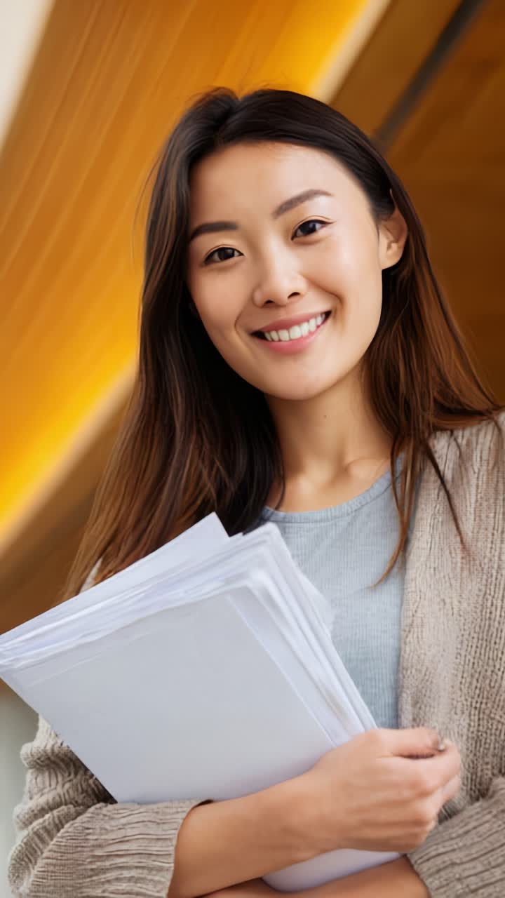 Donna sorridente che tiene in mano dei documenti, vestita in abiti casual su uno sfondo caldo, che trasmette sicurezza e positività, perfetta per contesti aziendali o accademici