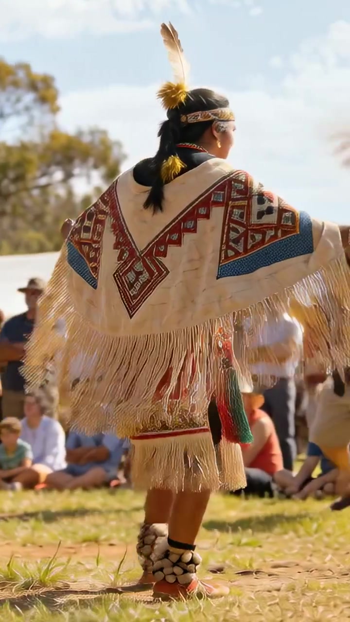 Video verticale: Uomo indigeno che balla su un campo erboso, seguendo il ritmo del tamburo e indossando un mantello con frange.