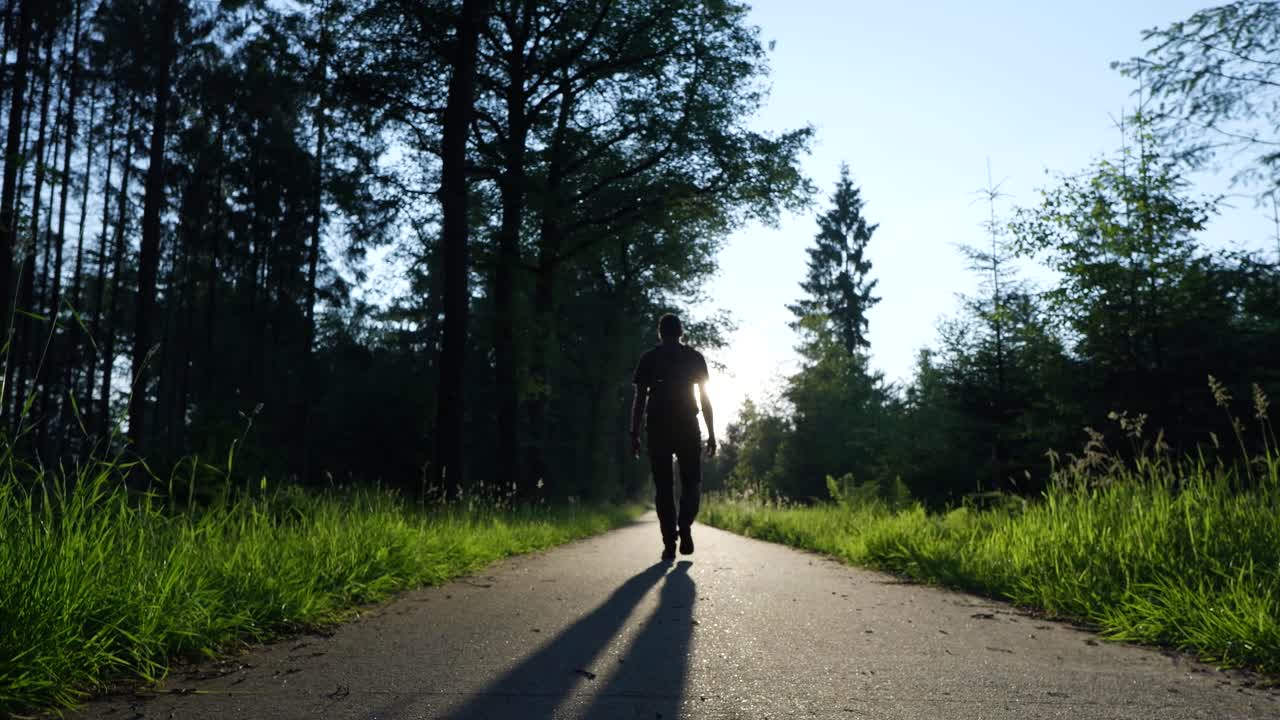 Person Walking Through a Forest Path at Sunset
