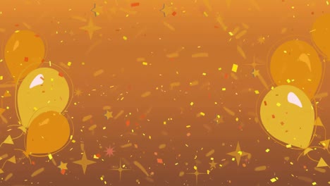 Animation-Von-Illustrationskonfetti-Mit-Orangefarbenen-Und-Gelben-Luftballons-Auf-Orangefarbenem-Hintergrund