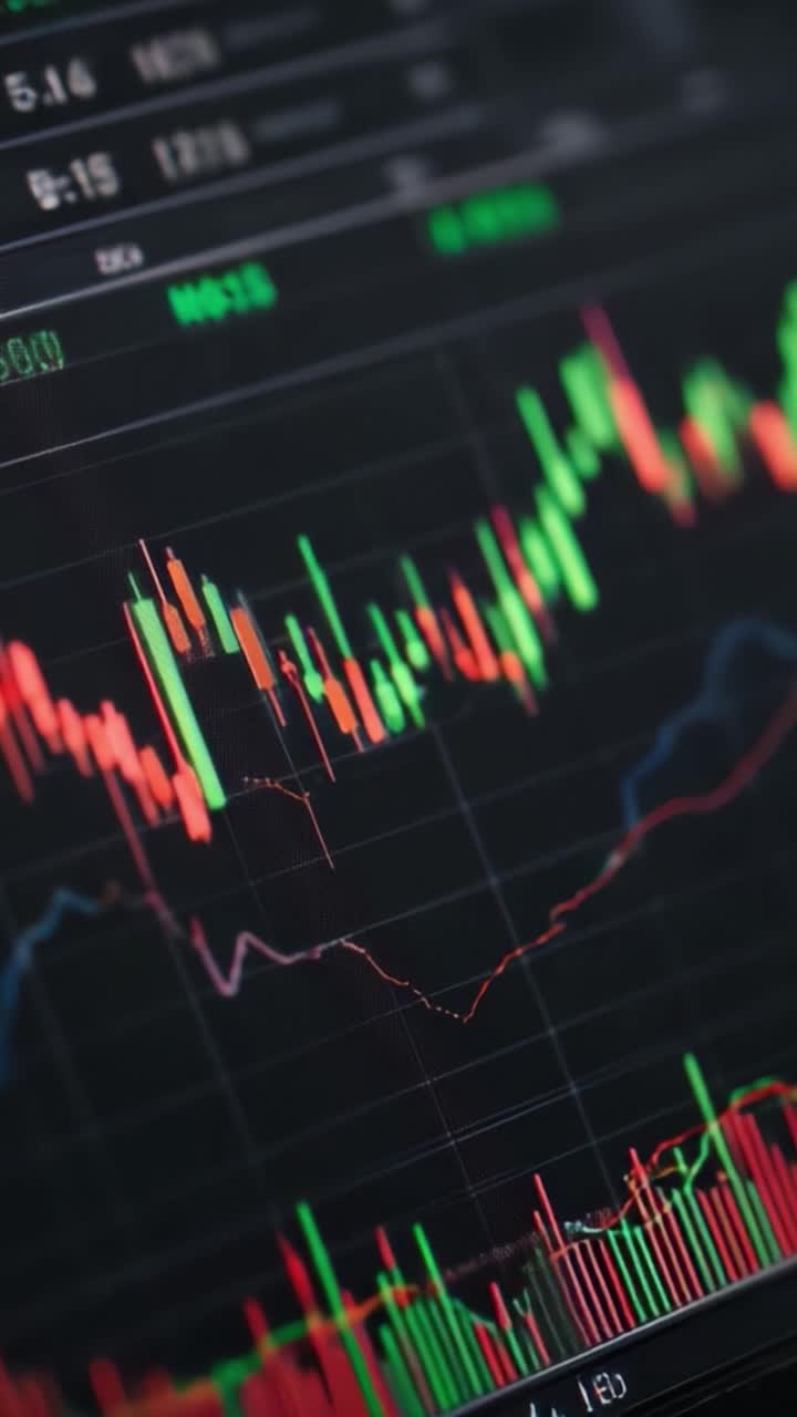 Un'analisi visiva dettagliata delle tendenze del mercato azionario che mostra modelli a candela e movimenti dei prezzi in un grafico finanziario con indicatori di colore vivaci.