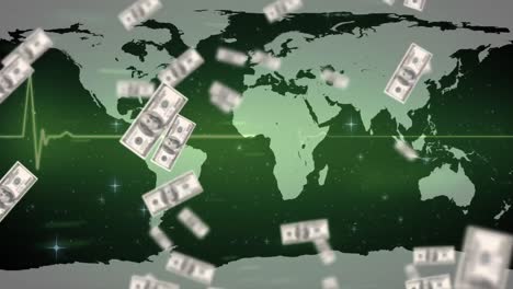 animación de billetes de dólares estadounidenses flotando sobre un monitor de frecuencia cardíaca y un mapa del mundo