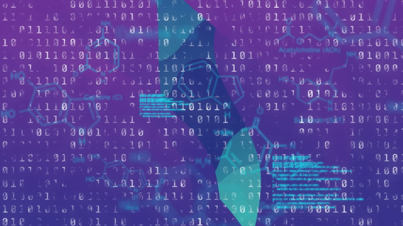código binario y formas geométricas, animación de procesamiento de datos sobre fondo púrpura