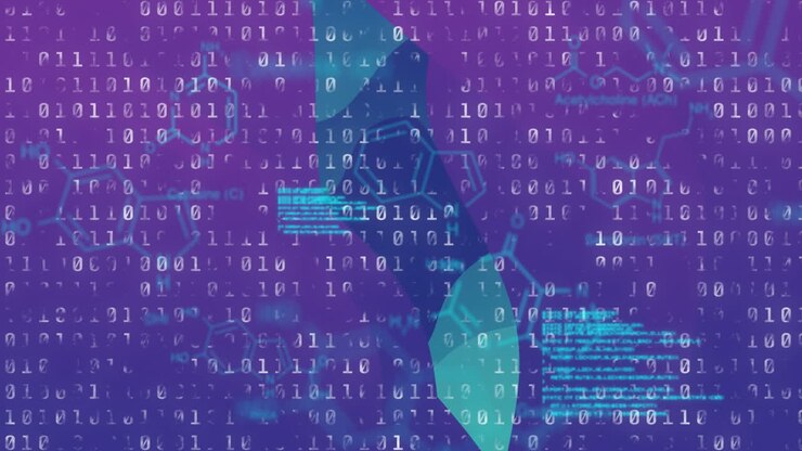 Binary code and geometric shapes, data processing animation over purple background