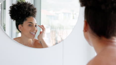 Mirror,-skincare-and-black-woman-face