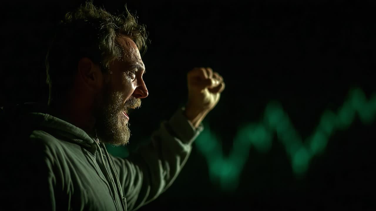 A Passionate Speech: A Man Expresses Strong Emotion Against a Dark Background with Graphical Elements, Signifying High Tension and Determination in a Critical Moment