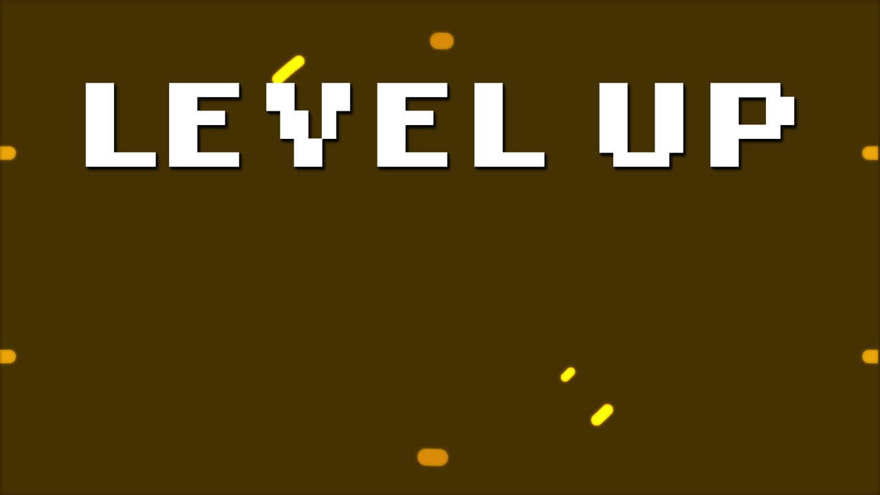 Animation of white pixel text level up, over rotating yellow rings, on brown and lilac backgrounds