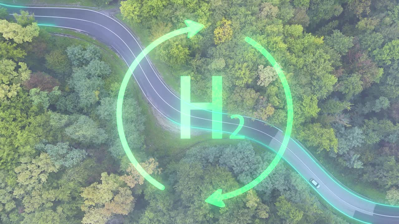 Hydrogen Futuristic Car Driving On Mountain Road - Drone Top Down