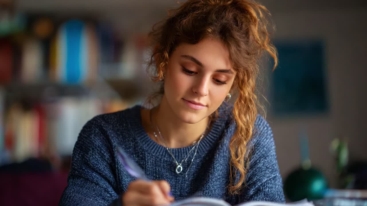 Focused Student Engaged in Writing in a Cozy Setting, Capturing the Essence of Concentration and Creativity in an Inviting Indoor Environment