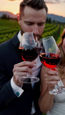 couple celebrating in a vineyard at sunset