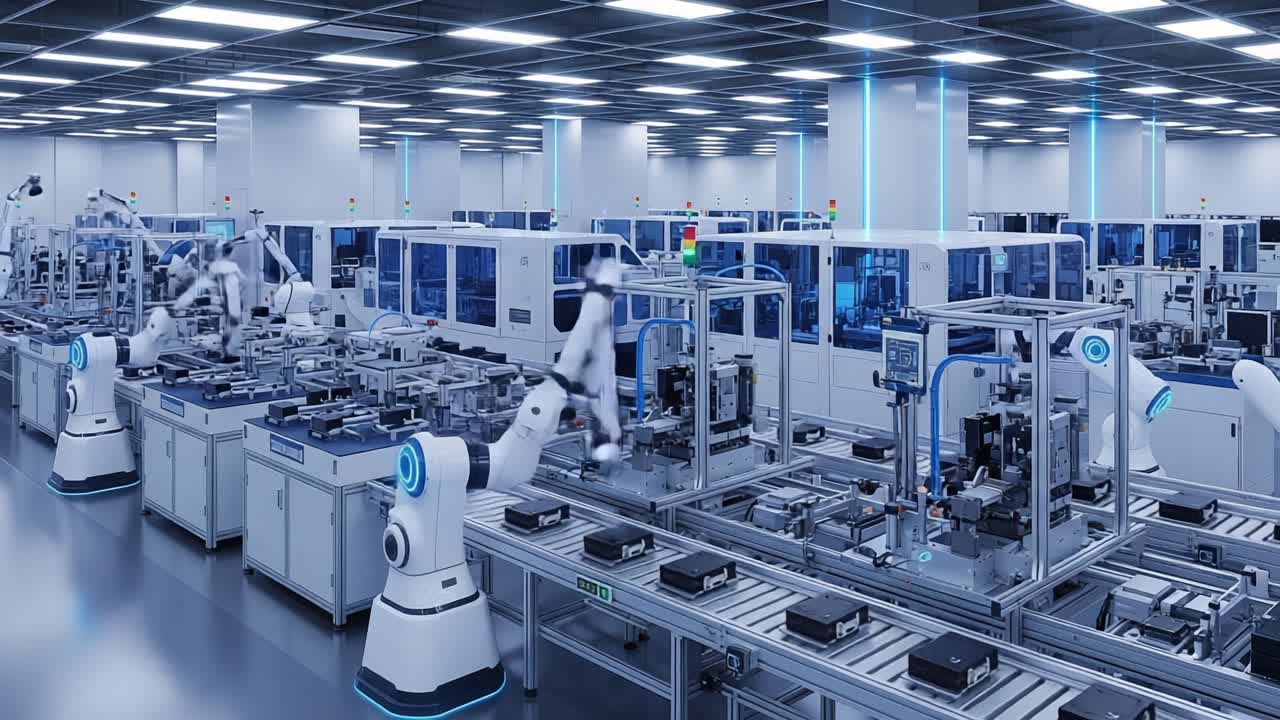 A Modern Manufacturing Facility Showcasing Advanced Robotics and Automated Production Lines in a High-Tech Environment