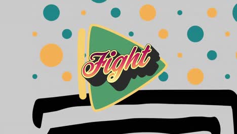 digital animation of fight text on green banner against abstract pattern design on grey background