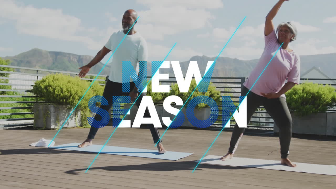 Senior woman and mature man practicing yoga on wooden deck for health, featuring NEW SEASON overlay