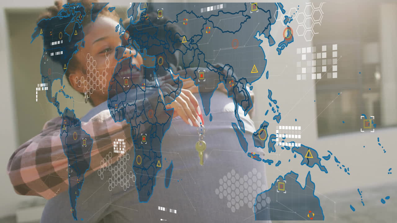mapa del mundo con puntos de datos y conexiones de red animación sobre personas abrazándose