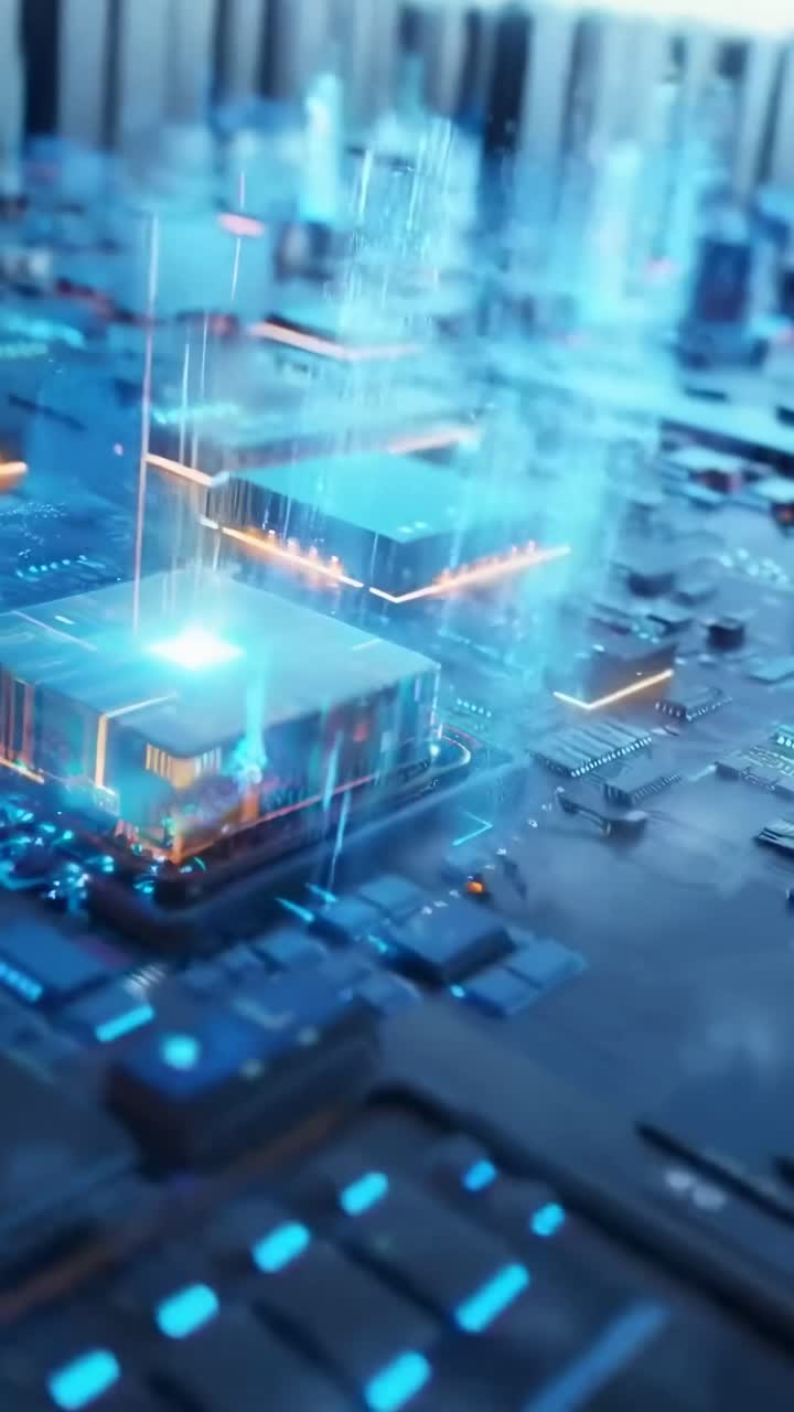 Futuristic circuit board with glowing elements, captured in a dynamic low-angle video shot