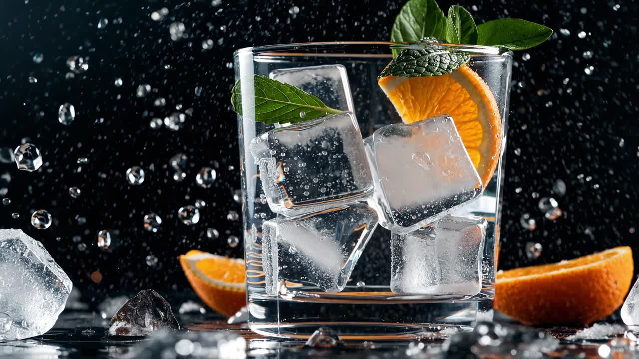 Ice cubes clinking against a glass, vibrant orange slice resting beside fresh mint leaves, creating a refreshing citrus splash on a dark background adorned with glistening water droplets