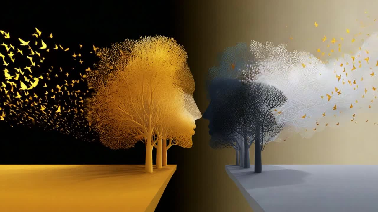 A captivating visual journey depicting the transformation of nature and emotion through the interplay of light and shadow, symbolizing transitions within the human experience