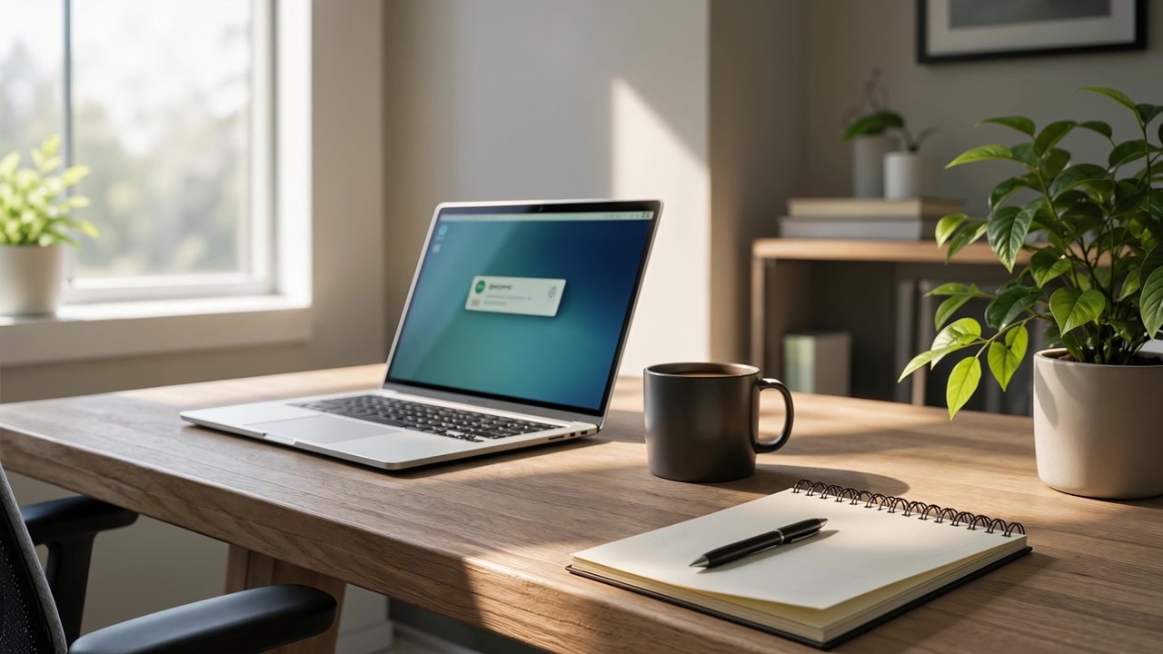 Laptop computer and a cup of coffee on a wooden desk in a bright home office